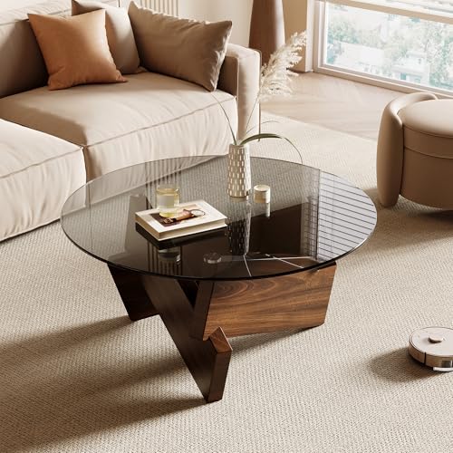 Honyee Modern Round Coffee Table, 30.7" x 30.7" x 16.1" Tempered Glass Top for Living Room, Color: Walnut - color: Walnut