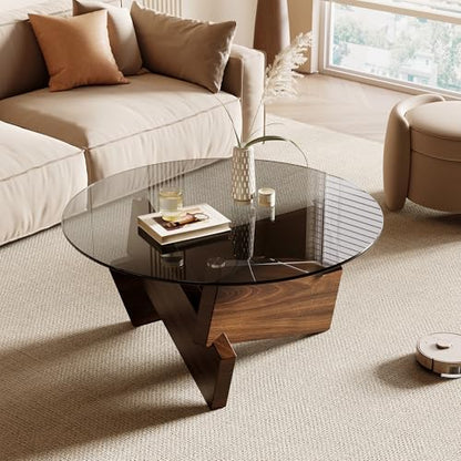 Honyee Modern Round Coffee Table, 30.7" x 30.7" x 16.1" Tempered Glass Top for Living Room, Color: Walnut - color: Walnut
