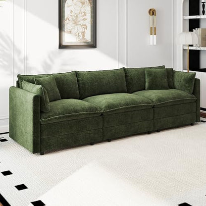 Aoowow Modular Sectional Sofa,112.2 Inch Deep 3-Seater Sofas Comfy Chenille Cloud Sofas and Couches with Pillows for Living Room Apartment（Green） - color: Green-new, size: 3 Seat