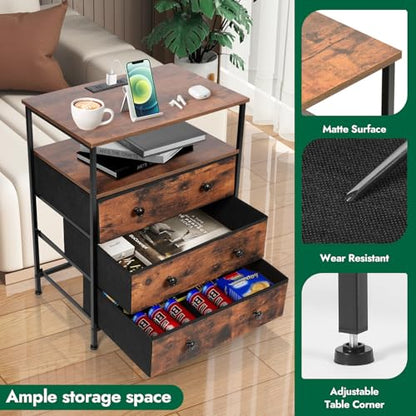 3-Drawer LED Nightstand with Charging Station, Rustic Brown | Engineered Wood and Steel, 2 AC and 2 USB ports, 24 Inch Wide, RGB App Control, Fabric Drawers, Open Storage Shelf - color: Rustic Brown