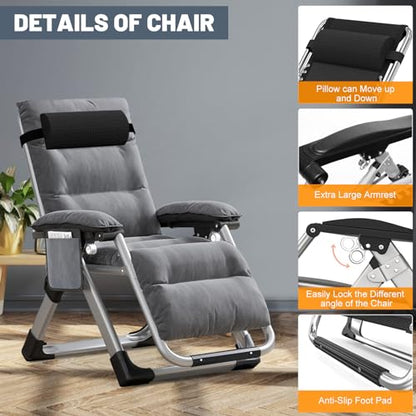 Comfy Folding Chair, Folding Lounge Chair with Cushion, Reclining Chair - color: Gray Noble