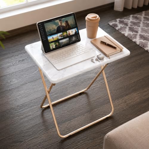 Japard Folding Couch Table Heavy Duty Metal Frame 660lbs, Portable Laptop Desk for Small Spaces, Sofa Side Table for Eating, No Assembly Required (1-Pack, Marble White) - color: White Marble - 1 Pack