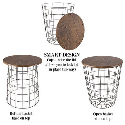 Lavish Home End Tables - Round Nesting Tables Set of 2, Brown/Black | 17.5”/15.5” Side Tables with Removable Wood Tops & Metal Basket Bases for Blanket Storage, Living Room, Bedroom & Home Office - color: Brown Round