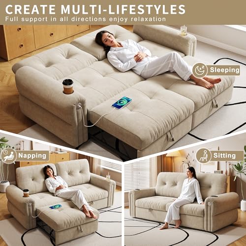 80.4" Queen Sleeper Sofa Bed, 3 in 1 Convertible Pull Out Couch with USB Ports & Cup Holders, Modern Chenille Loveseat Sofabed with Adjustable Backrest for Living Room, Bedroom, Apartment - color: Beige, style: Sofabed w/USB &Cup Holders