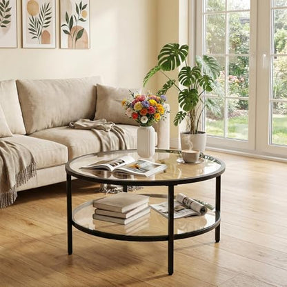 DIYART 29.5" Round Glass Coffee Table, 2-Tier Modern Black Glass & Metal End Table for Living Room, Mid Century Accent Table with Lower Shelf, 29.5" D x 16.5" H