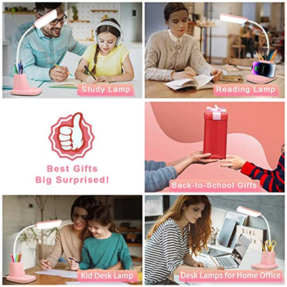 LED Desk Lamp with 10W Wireless Charging & Pen Holder, Pink | CRI 95, 800LM, Stepless Dimming, 3 Modes, 360°Flexible Arm, Touch, Study Table Lamp for Home Office, Dorm Room, with Adapter - color: Pink