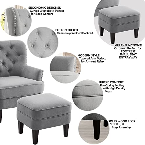Rosevera Accent Chair and Ottoman Set - Button Tufted Armchair for Living Room, Bedroom, Reading - Mid-Century Modern Lounge Chair Set - Gray - color: Velvet Grey With Ottoman