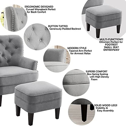 Rosevera Accent Chair and Ottoman Set - Button Tufted Armchair for Living Room, Bedroom, Reading - Mid-Century Modern Lounge Chair Set - Gray - color: Velvet Grey With Ottoman