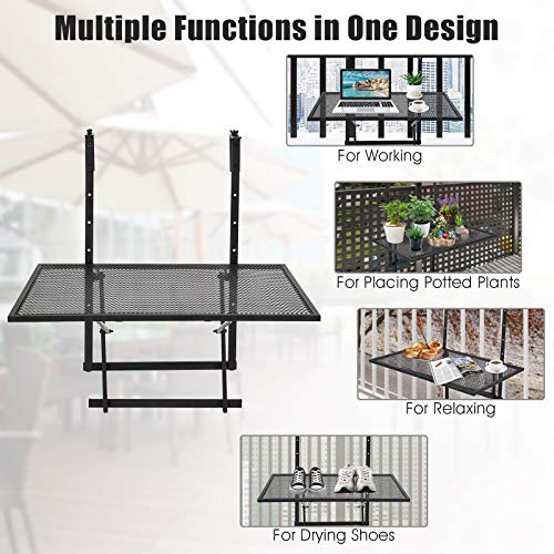 Tangkula Outdoor Folding Hanging Table, 5 Height Adjustable & Foldable Space Saving Railing Serving Table, Width from 1.5 inch to 4 inches, Suitable for Patio, Balcony and Deck - size: 24” x 19” x 24"-32.5”