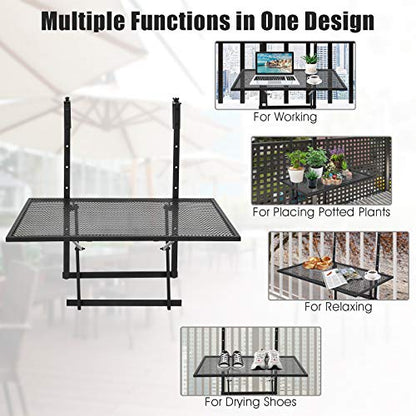 Tangkula Outdoor Folding Hanging Table, 5 Height Adjustable & Foldable Space Saving Railing Serving Table, Width from 1.5 inch to 4 inches, Suitable for Patio, Balcony and Deck - size: 24” x 19” x 24"-32.5”