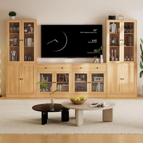 TUSY 71" TV Stand Storage Set - 2 Tall Bookcases & 2 Side Cabinets, Media Console with Glass & Wood Doors, Entertainment Center with Drawers, Tall Media Console for Living Room (Wood, AFFA) - color: Wood
