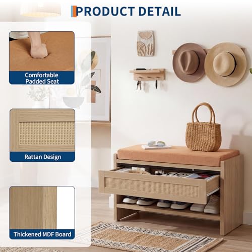 Rattan Drawer Shoe Bench with Soft Cushioned Seat for Hallway | Entryway Storage Shoe Stool - color: Light Oak