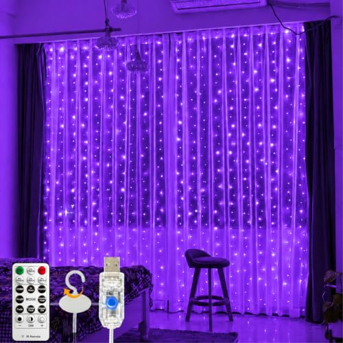 ZSJWL 300 LED Curtain Fairy Lights with Remote, 9.8 × 9.8 Ft, USB Plug in | 8 Modes, Waterproof, Twinkle Silver Wire, String Lights for Bedroom, Windows, Christmas, Wedding and Party Decor, Purple - color: Purple, size: 300LED
