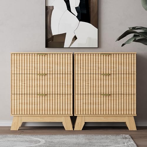Night Stand Set 2, Bedside Table & End Table, Mid Century Modern Fluted Wood Nightstand with 3 Drawers & Metal Handles, Farmhouse Nightstand for Bedroom, Natural Oak - color: Natural Oak, style: 3 Drawers-2 PCS