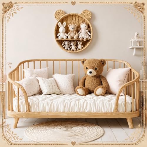 Bear Nursery Wall Shelf Decor Boho Rattan Wicker Floating Shelves Handwoven Natural Rattan Hanging Organizer Storage Basket for Small Books Toys Nursery Bathroom Living Room Bedroom Corner - style: Bear