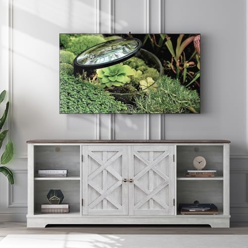 70 Inch TV Stand for Living Room, Farmhouse Media Console with Storage | LIVILAND Rustic Entertainment Center with Storage Cabinets & Adjustable Shelves, Media Console for Bedroom - color: Off-white