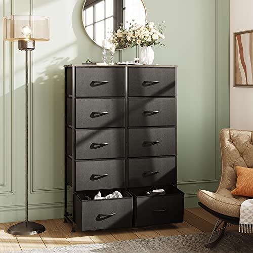 WLIVE Tall Dresser for Bedroom with 10 Drawers, Black | 10 Drawers, Fabric Dresser for Closet, Storage Tower with Cabinet, Metal Frame - color: Charcoal Black