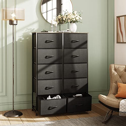 WLIVE Tall Dresser for Bedroom with 10 Drawers, Black | 10 Drawers, Fabric Dresser for Closet, Storage Tower with Cabinet, Metal Frame - color: Charcoal Black
