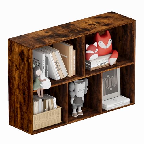 Book Shelf, Wooden Cube Storage Organizer with 11" Open Cubes, Stackable Bookcase for Room Divider Storage, 2 Tier Bookshelf for Living Room, Bedroom, Office (Indonesian Antique Oak, 5-Cube) - color: Indonesian Antique Oak, size: 5-Cube
