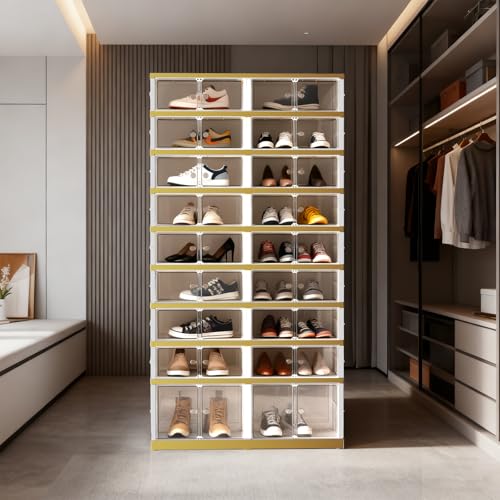 SYNCVIBE Foldable Shoe Organizer, 9 Tier, 36 Pairs, 34.2" Wide, White Gold | Foldable Shoe Rack, Collapsible Shoe Cabinet with Doors, Stackable Shoe Shelves for Closet, Entryway and Living Room - size: 9 Tiers -36 Pairs White Gold