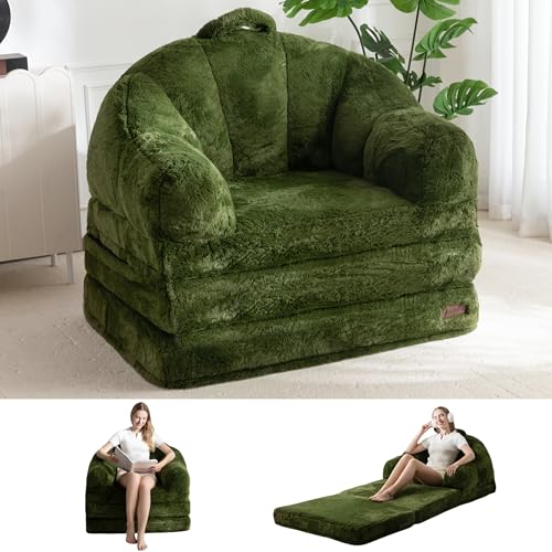 MAXYOYO Folding Sofa Bed, 2 in 1 Convertible Sofa to Lounger | Comfy Single Bean Bag Chair for Adults, Floor Couch with Handle, Faux Fur Couch Bed for Living Room Bedroom, Green - color: Green, size: Single
