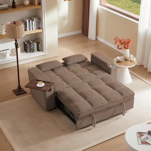 65'' 3-in-1 Folding Convertible Sofa Bed, Queen Size Pullout Sofa, Modern Chenille Fabric, 360° Swivel Side Table, Easy Assembly, Perfect for Living Room - color: Brown-a