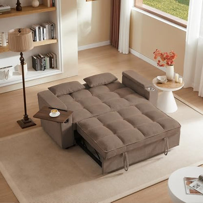 65'' 3-in-1 Folding Convertible Sofa Bed, Queen Size Pullout Sofa, Modern Chenille Fabric, 360° Swivel Side Table, Easy Assembly, Perfect for Living Room - color: Brown-a