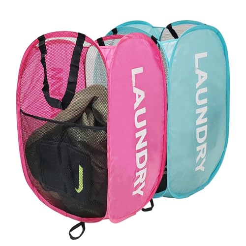 Collapsible Laundry Hamper 2 pack Mesh Pop Up Laundry Hamper with Handles, Foldable Laundry Basket for Bedroom, College Dorm, RV, Travel (Pink + Sky Blue) - color: Pink + Sky Blue