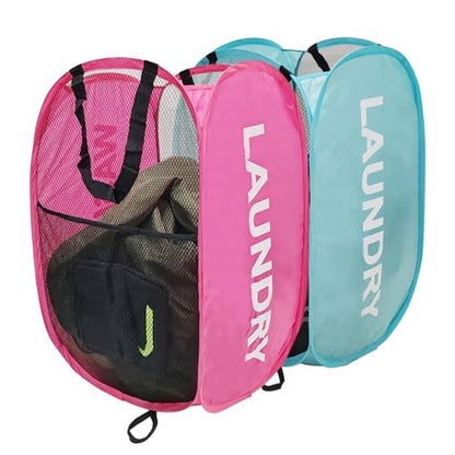 Collapsible Laundry Hamper 2 pack Mesh Pop Up Laundry Hamper with Handles, Foldable Laundry Basket for Bedroom, College Dorm, RV, Travel (Pink + Sky Blue) - color: Pink + Sky Blue