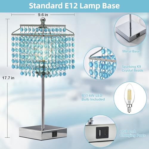 Luvkczc Crystal Table Lamp with Touch Control, Bedside Crystal Table Lamp with USB C+A Ports, Dimmable Lamp for Girls Bedroom, Living Room, Light Blue & B11 LED Bulb Included - color: Light Blue