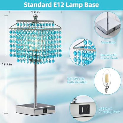 Luvkczc Crystal Table Lamp with Touch Control, Bedside Crystal Table Lamp with USB C+A Ports, Dimmable Lamp for Girls Bedroom, Living Room, Light Blue & B11 LED Bulb Included - color: Light Blue