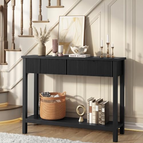 HOOBRO 39.4" Console Table with 2 Wavy Drawers, Narrow Long Entryway Table with Storage Shelf, 2 Tier Modern Sofa Table Wooden Behind Couch Table, Hallway Table for Living Room, Black BK89XG01N1
