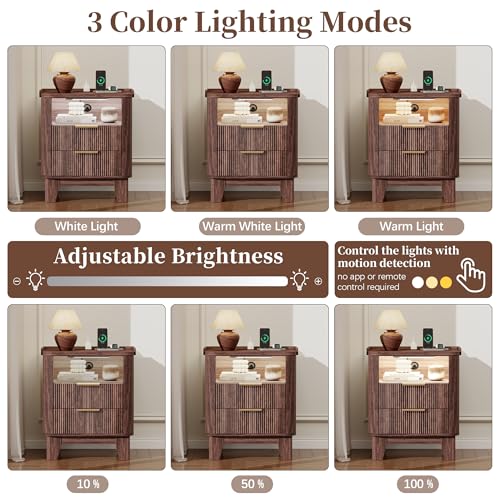 Baoz Walnut Fluted Nightstand with Charging Station & 2 Wooden Drawers | 20" Wide Mid Century Modern Bedside Table Wood Curved Profile Design 27in Tall LED Night Stand - color: Walnut, size: 2 Drawers