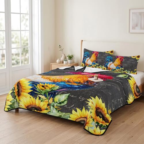 Rustic Sunflower Rooster Retro Blackboard Quilt Set Twin Size, Lightweight Summer Bedspread,Watercolor Animal Soft Coverlet Bedding Set for All Season - 3 Pieces (1 Quilt,2 Pillow Shams) - color: Black, size: Twin