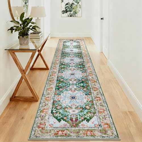 U'Artlines 3'x14' Boho Hallway Runner Rug Non Slip Washable Runners,Green | Vintage Farmhouse Kitchen Rug Accent Area Carpet for Entryway, Dining Room and Living Room - color: Green, size: 3' x 14' (Runner)