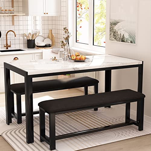 Dining Room Table Set with 2 Benches, Dining Table Set for 4-6, Dinner Table Set for 4, Faux Marble Breakfast Table Set & PU Leather Upholstered Benches for Small Spaces, Apartment, White - color: White