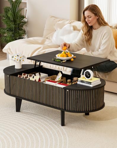 Oval Lift Top Coffee Table with Storage, Fluted 47" Wood Mid Century Modern Coffee Table for Living Room, Black - color: Black-oval (Flip Top)