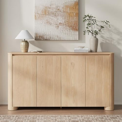 YANSNWO 59" Sideboard Buffet Cabinet with Rounded Corner, Natural Oak(1PCS) | 2-Tier Storage, Adjustable Shelves, 2"H × 6.3"D Sturdy Cylindrical Base, Handleless, Modern for Kitchen/Living Room/Hallway