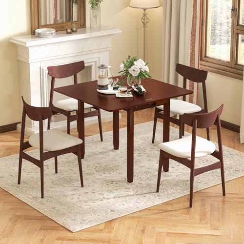 GOFLAME Extendable Dining Table for 4, Folding Kitchen Table with Storage Compartment & Rubber Wood Legs, Space-Saving Dinner Table for Living Room, Kitchen, Dining Room, Small Space, Cherry Brown
