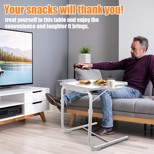 Adjustable TV Tray Tables Set of 2, Folding with Cup Holders, White | 6 height settings and 3 tilt angles for dining, reading or laptop use; portable fold-flat design suits couches and recliners