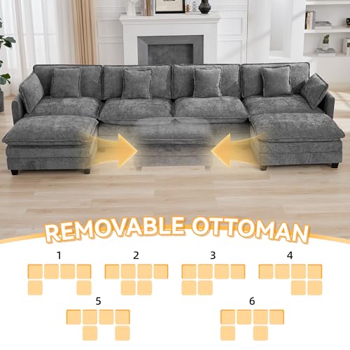 147'' Sectional Cloud Deep Seat Couch, Oversized Chenille U Shaped Sectional Sofa for Living Room Set, Comfy Upholstered Modular Sectional Sofa Couch with 2 Movable Ottoman, Grey - color: Grey, size: 147'' U Shape