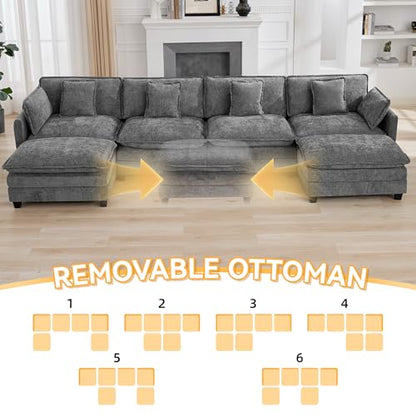 147'' Sectional Cloud Deep Seat Couch, Oversized Chenille U Shaped Sectional Sofa for Living Room Set, Comfy Upholstered Modular Sectional Sofa Couch with 2 Movable Ottoman, Grey - color: Grey, size: 147'' U Shape