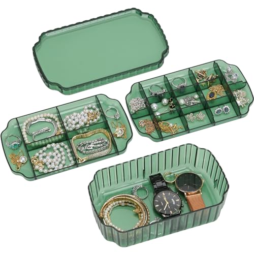 LETURE 3-Layer Jewelry Organizer Box for Earrings, Rings, Necklaces, Bracelets, Clear Plastic Bead Storage Containers for Crafts (Green) - color: Green