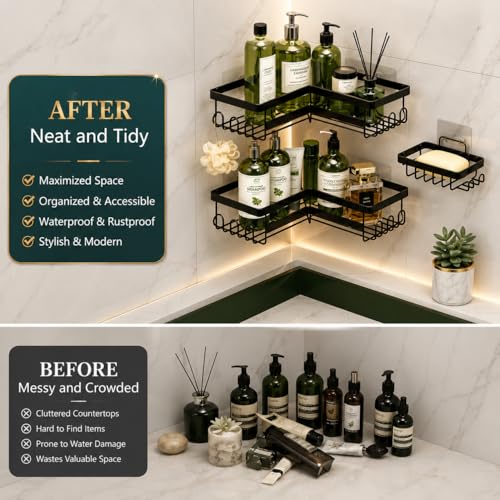 3-Tier Corner Shower Caddy, No-Drill Adhesive Bathroom Shelf Organizer with Hooks, Rustproof Metal Wall Mount Storage Rack for Shampoo, conditioner, soap & Toiletries, Black