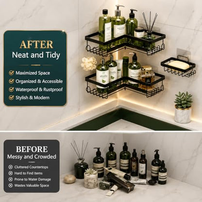 3-Tier Corner Shower Caddy, No-Drill Adhesive Bathroom Shelf Organizer with Hooks, Rustproof Metal Wall Mount Storage Rack for Shampoo, conditioner, soap & Toiletries, Black