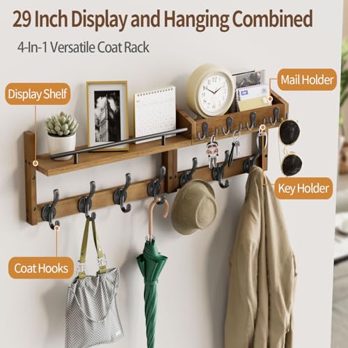 29 inch Coat Rack Wall Mount with Shelf, Entryway Wall Shelf with Hooks, Heavy Duty Coat Hanger Wall Mount with Key Holders and Mail Organizer for Living Room, Bedroom, Brown - color: Brown