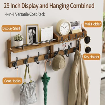 29 inch Coat Rack Wall Mount with Shelf, Entryway Wall Shelf with Hooks, Heavy Duty Coat Hanger Wall Mount with Key Holders and Mail Organizer for Living Room, Bedroom, Brown - color: Brown
