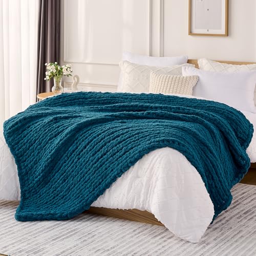 L'AGRATY Chunky Knit Throw Blanket for Couch, 50'' x 60'' Knit Throw, Blue | Handmade Chenille Crochet Blanket for Sofa Bed, Thick Cable Knitted Blankets for Room Home Decor, Birthday Gift for Women Mom - color: Blue, size: 50"x60"