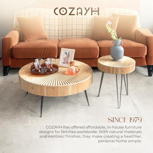 COZAYH 2-Piece Nesting Coffee Table - Round Table - Modern Farmhouse | Solid Pine Veneer Top, Black Metal Legs, Radial Wood Grain, Large 31.5 x 31.5 x 14.2 in, Small 15.7 x 15.7 x 18.4 in - color: Radial Pattern