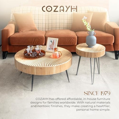 COZAYH 2-Piece Nesting Coffee Table - Round Table - Modern Farmhouse | Solid Pine Veneer Top, Black Metal Legs, Radial Wood Grain, Large 31.5 x 31.5 x 14.2 in, Small 15.7 x 15.7 x 18.4 in - color: Radial Pattern